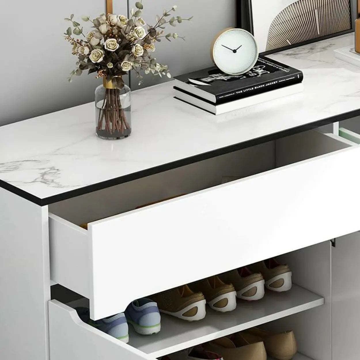 Sleek Engineered Wood White Shoe Storage Cabinet — Grey