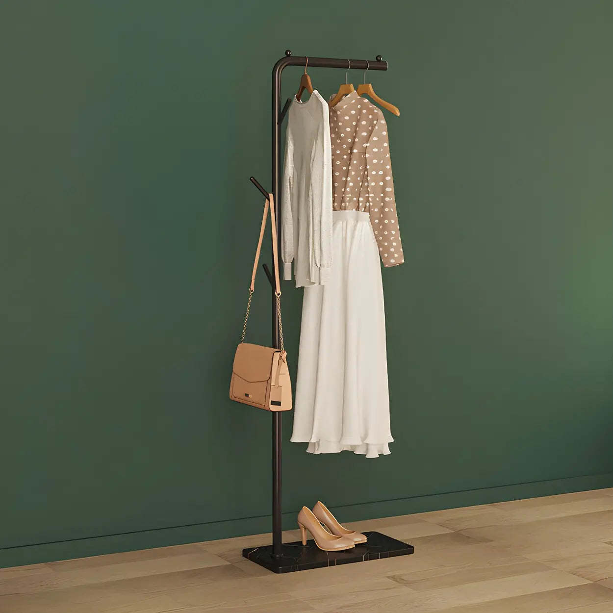 Sleek Tall Black Metal Freestanding Coat Rack — White / Branches