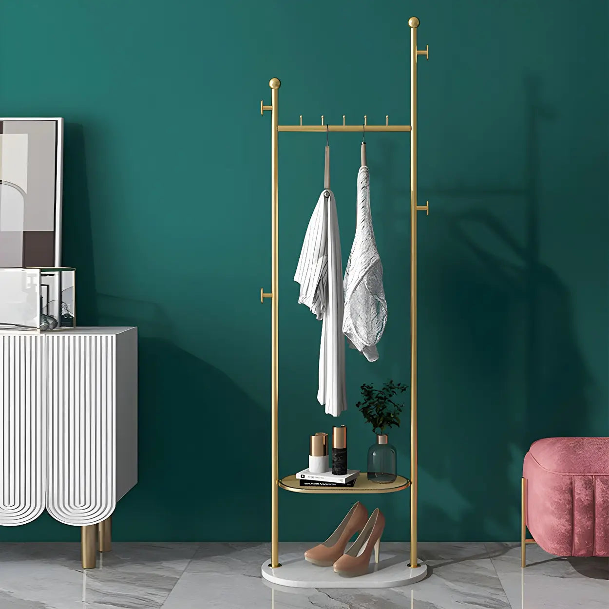 Sleek Gold-White Metal Tall Coat Rack with Shelf