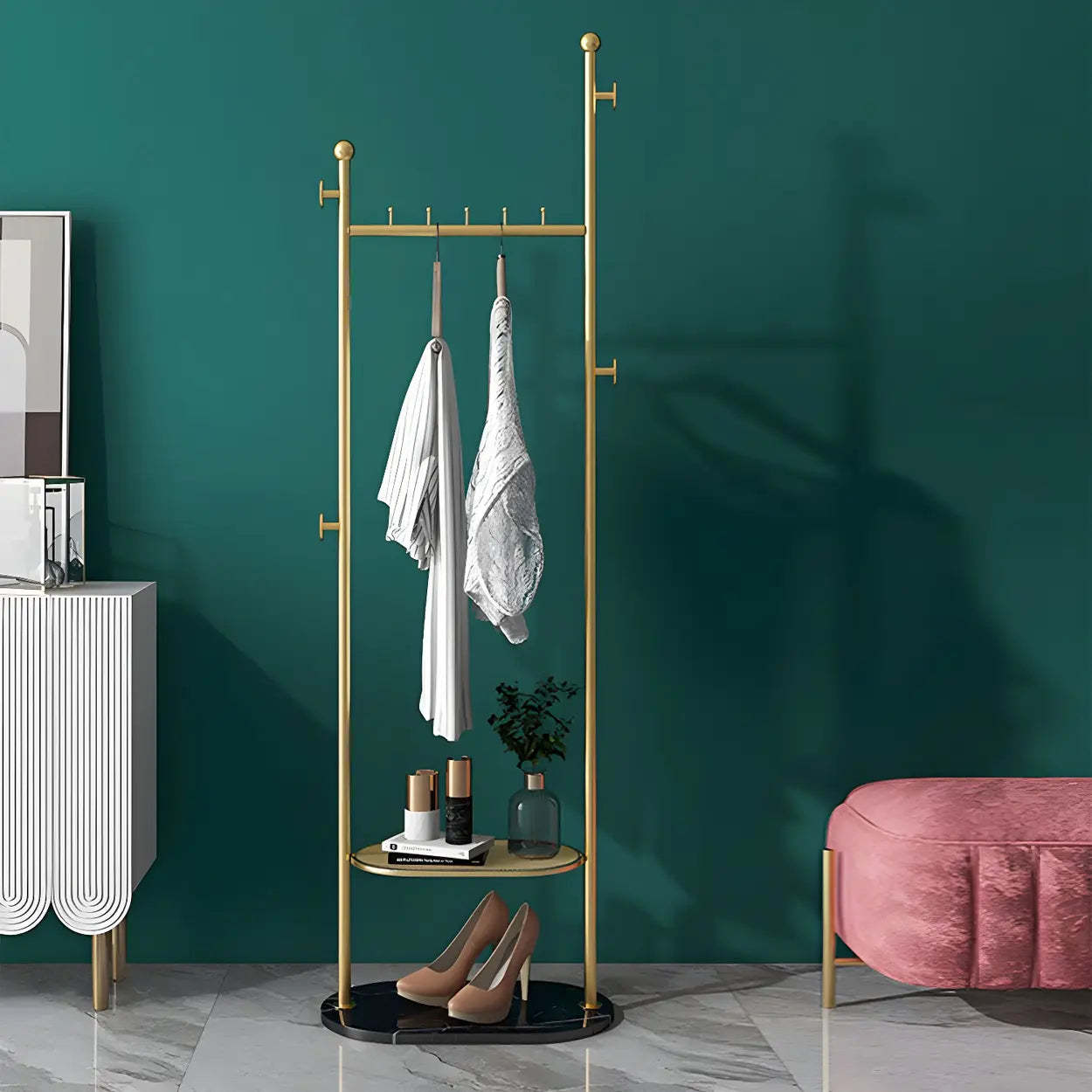 Sleek Gold-White Metal Tall Coat Rack with Shelf
