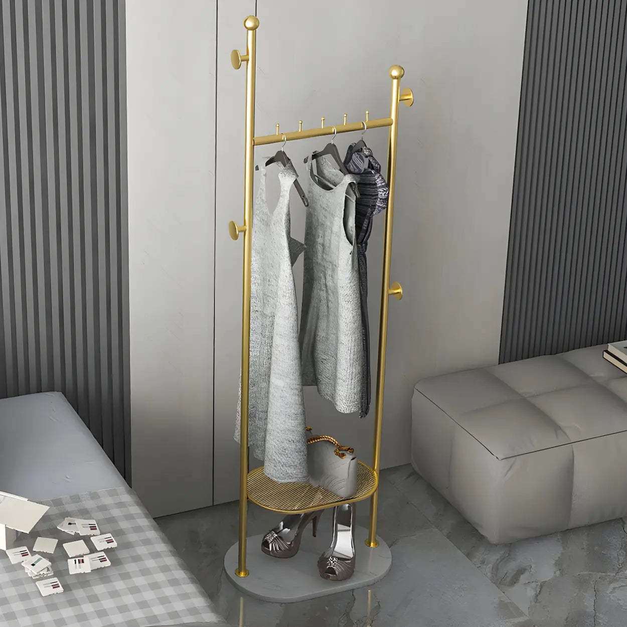 Sleek Gold-White Metal Tall Coat Rack with Shelf — Gold-White