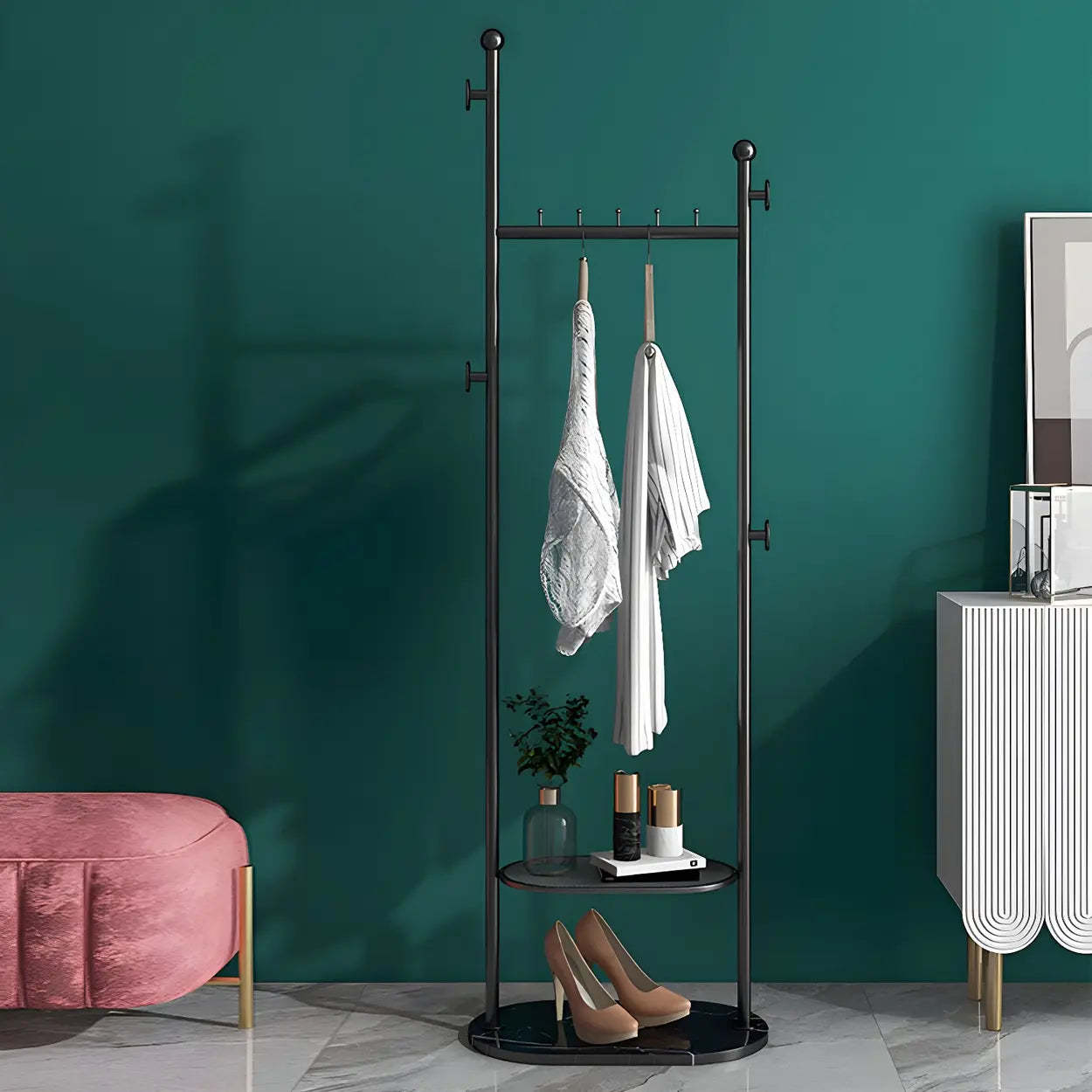 Sleek Gold-White Metal Tall Coat Rack with Shelf — Matte Black