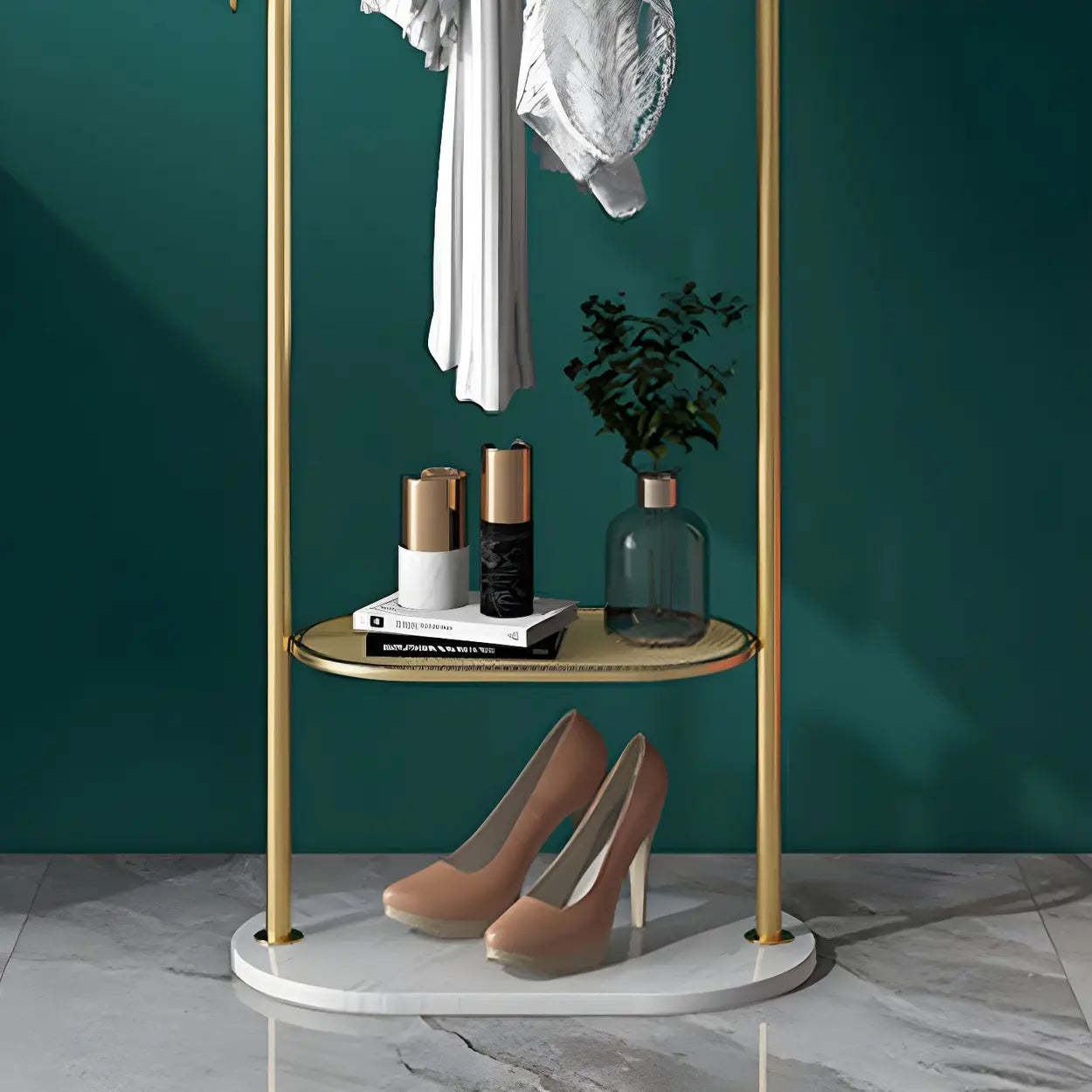 Sleek Gold-White Metal Tall Coat Rack with Shelf