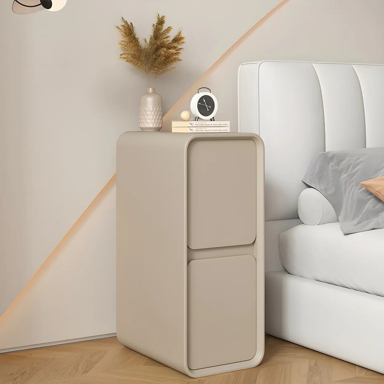 Sleek Rectangular Beige Faux Leather Nightstand — Off-White / 1 Piece