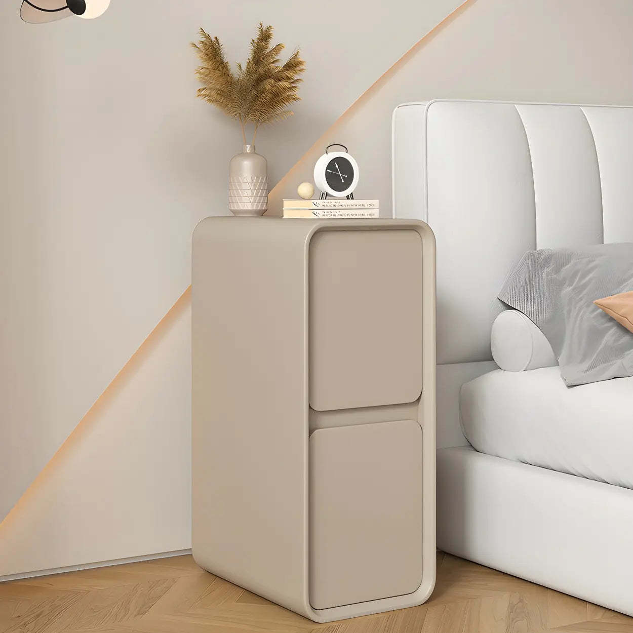 Sleek Rectangular Beige Faux Leather Nightstand — Off-White / 1 Piece