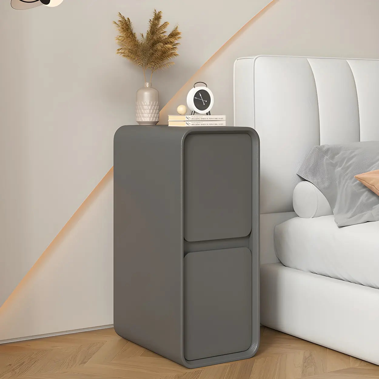 Sleek Rectangular Beige Faux Leather Nightstand — Khaki / 2 Piece Set