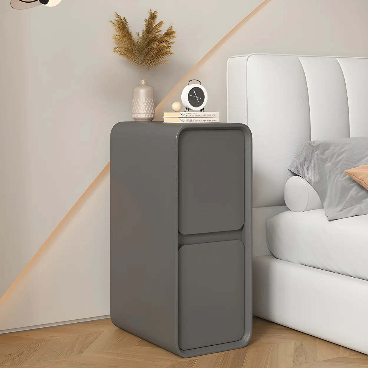 Sleek Rectangular Beige Faux Leather Nightstand — Khaki / 2 Piece Set