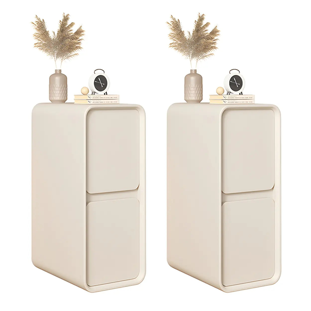 Sleek Rectangular Beige Faux Leather Nightstand — Off-White / 2 Piece Set