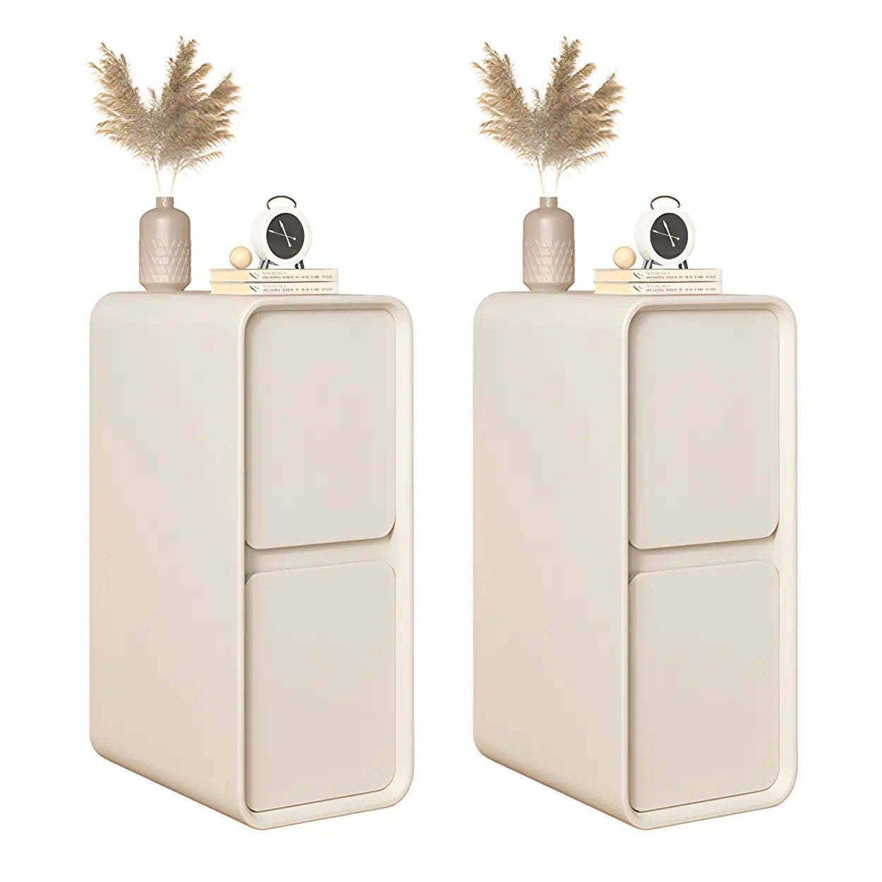 Sleek Rectangular Beige Faux Leather Nightstand — Off-White / 2 Piece Set