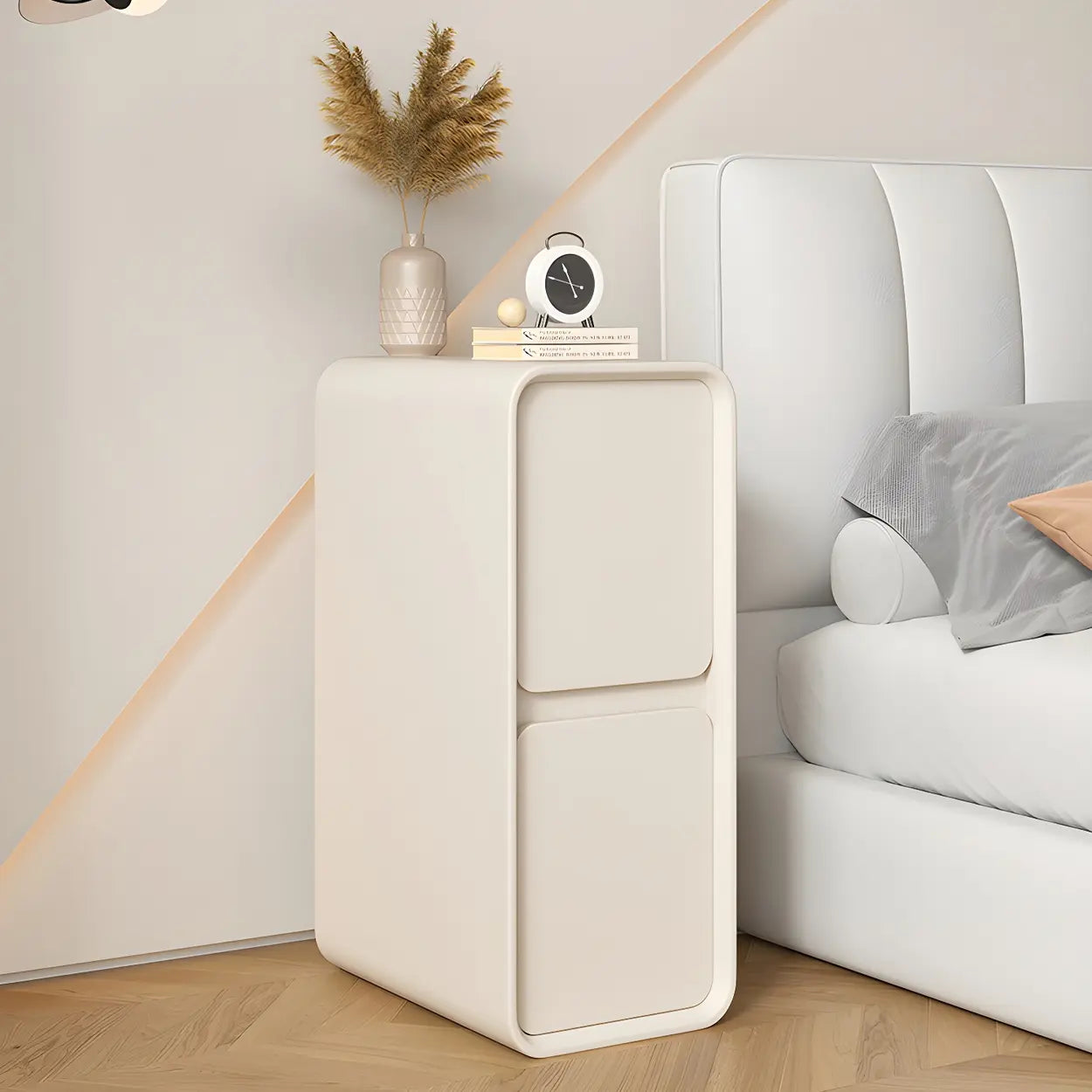 Sleek Rectangular Beige Faux Leather Nightstand — Khaki / 2 Piece Set