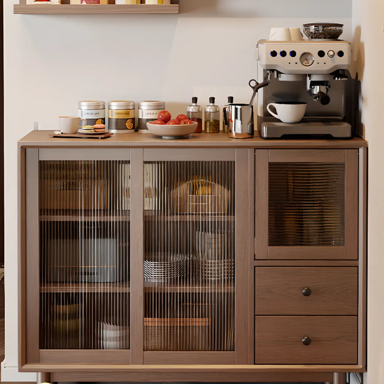 Sleek Walnut Wood Clear Door Sideboard — Natural Finish