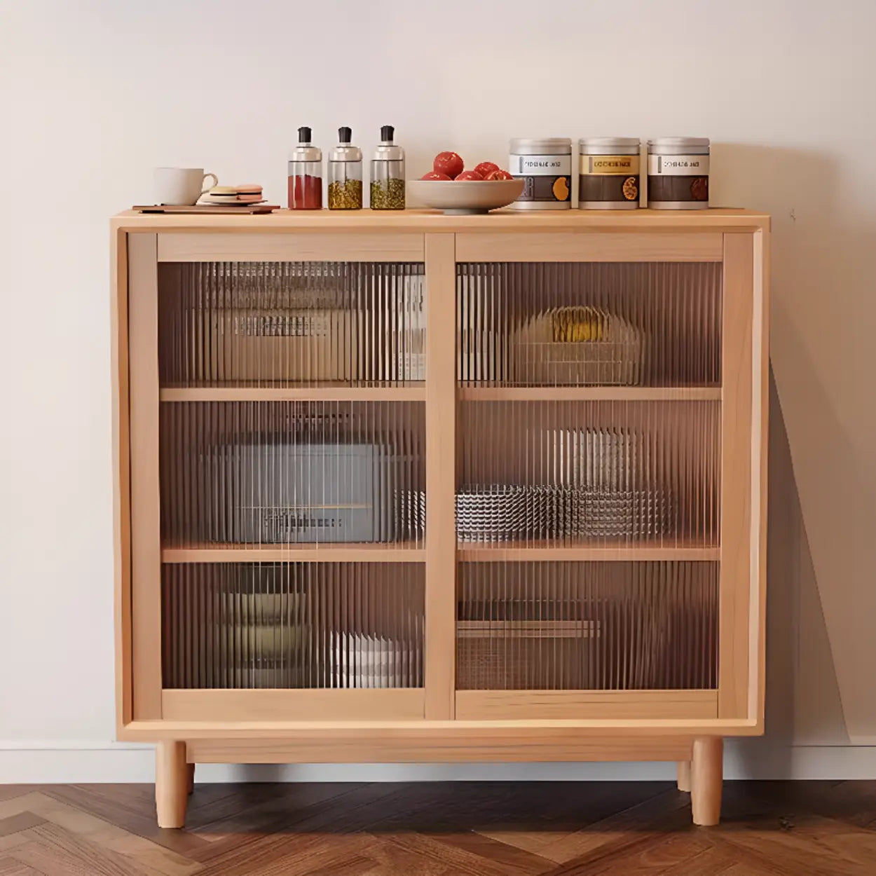 Sleek Walnut Wood Clear Door Sideboard
