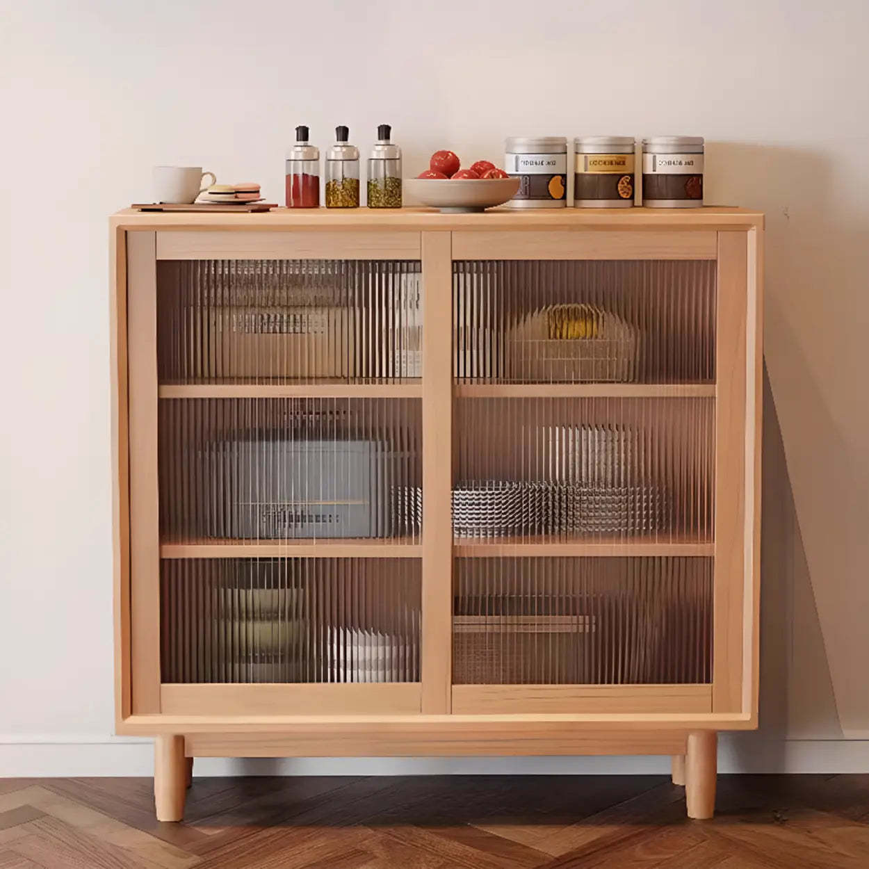 Sleek Walnut Wood Clear Door Sideboard