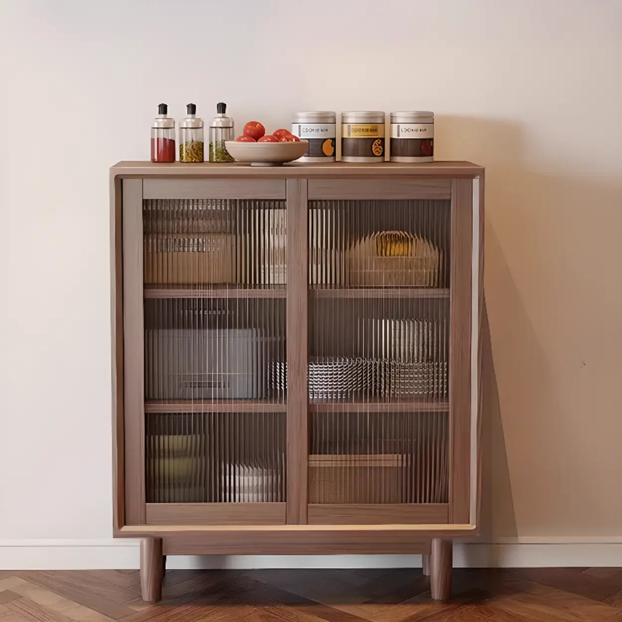 Sleek Walnut Wood Clear Door Sideboard