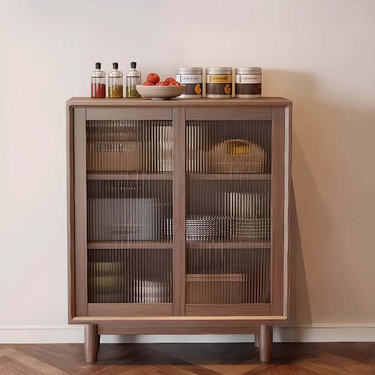 Sleek Walnut Wood Clear Door Sideboard