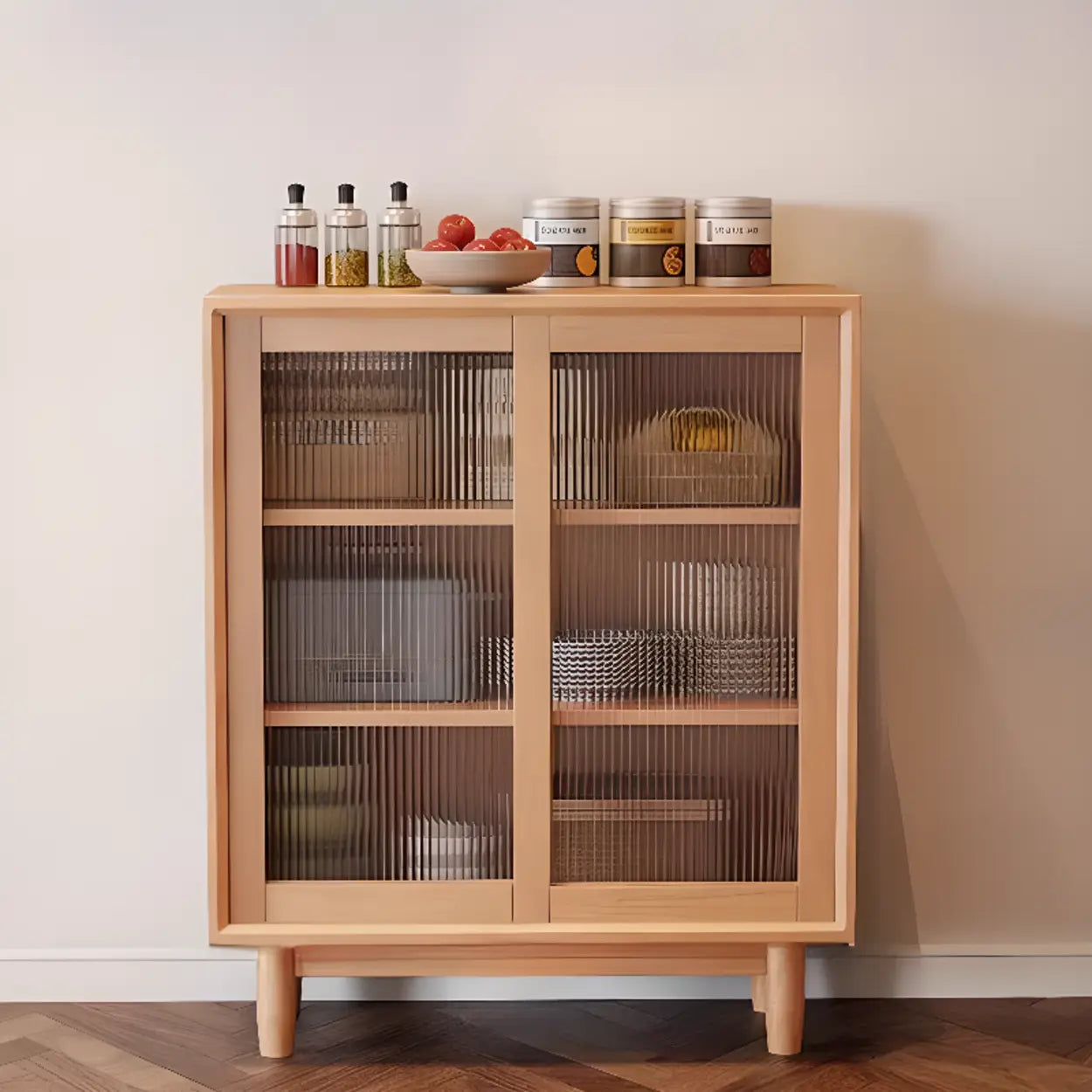 Sleek Walnut Wood Clear Door Sideboard