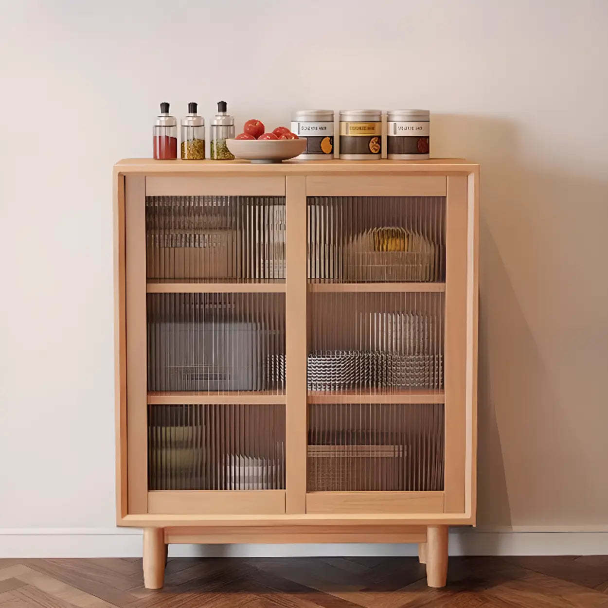 Sleek Walnut Wood Clear Door Sideboard