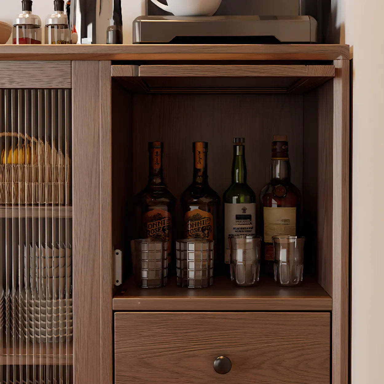 Sleek Walnut Wood Clear Door Sideboard