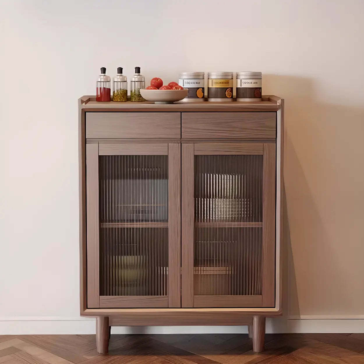 Sleek Walnut Wood Clear Door Sideboard