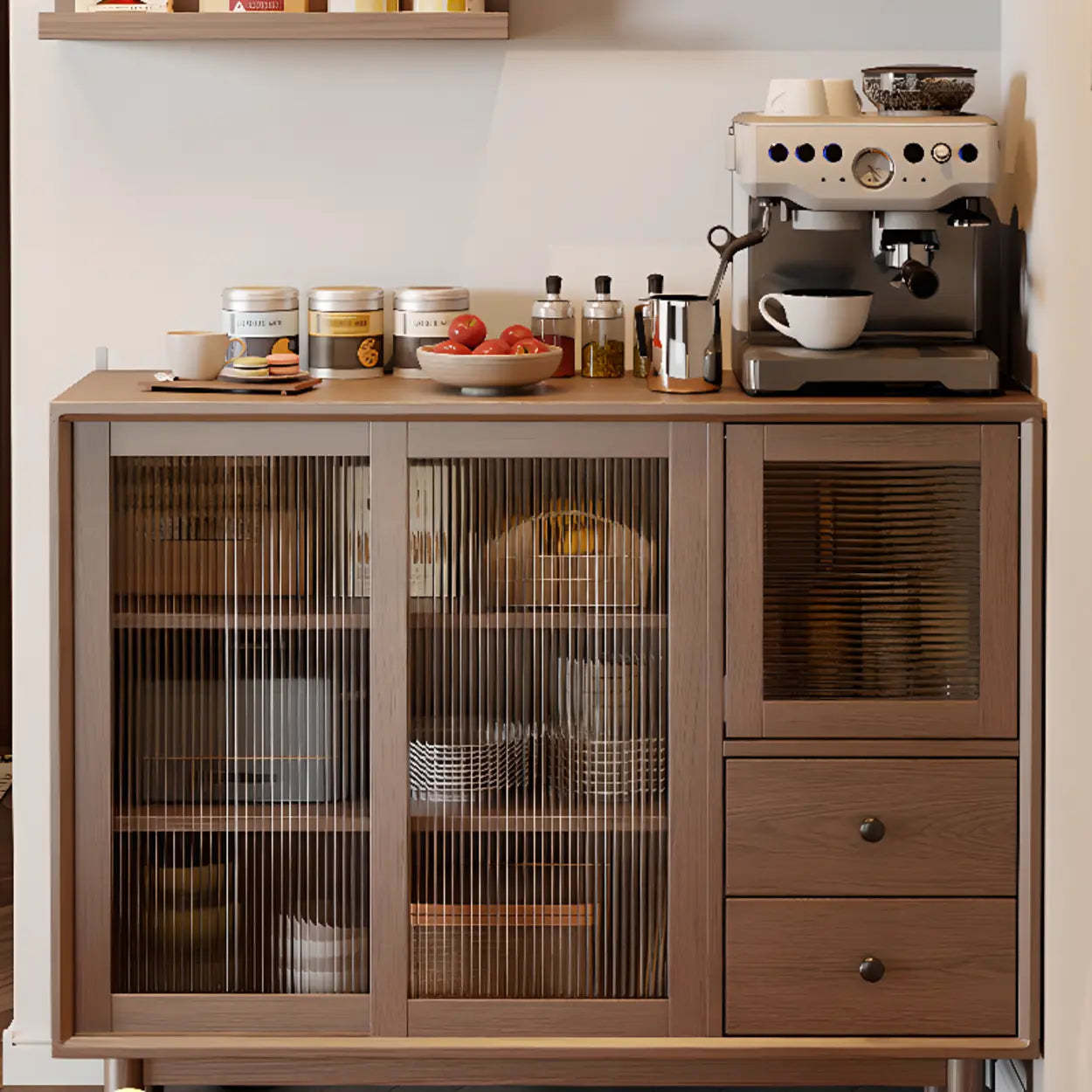 Sleek Walnut Wood Clear Door Sideboard — Natural Finish