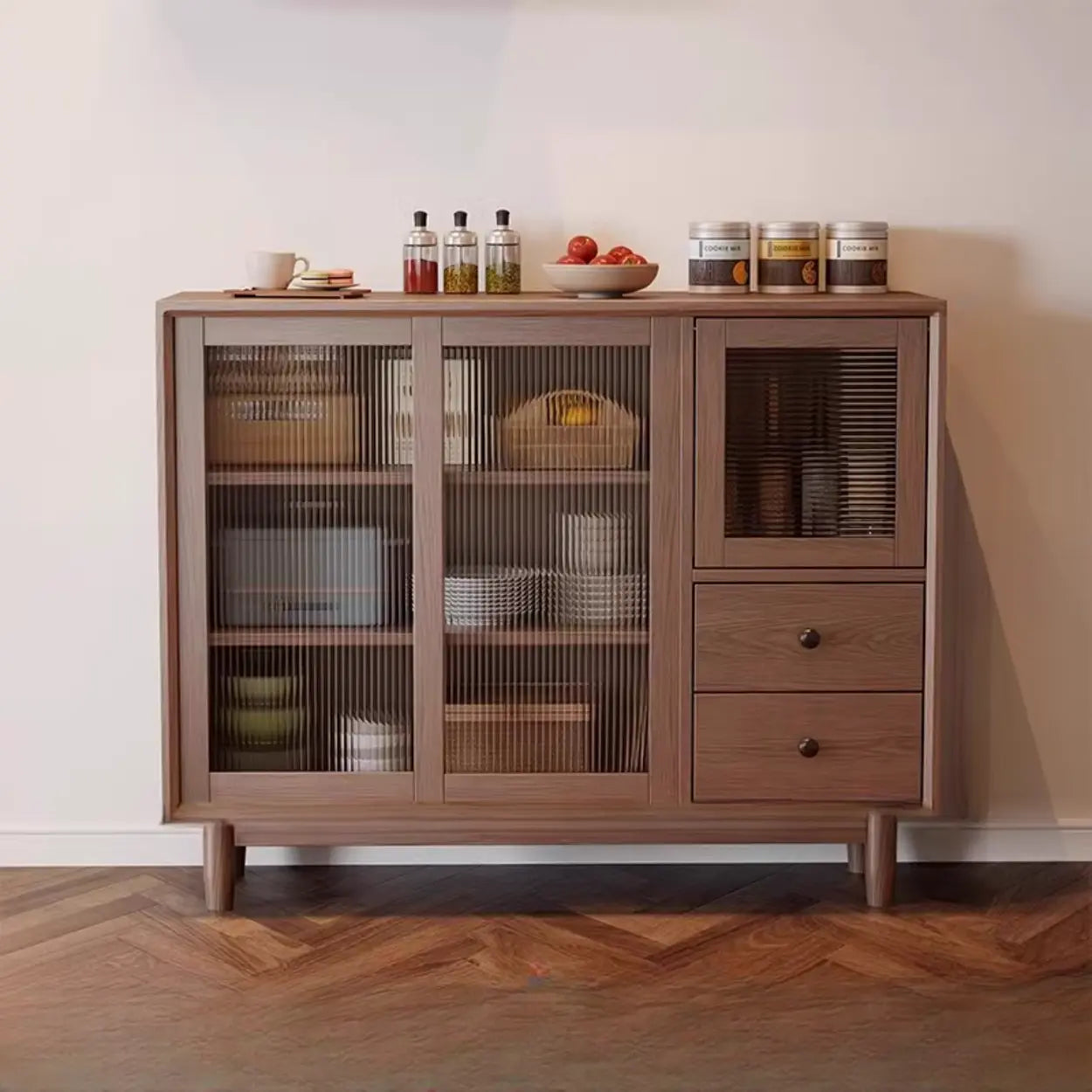 Sleek Walnut Wood Clear Door Sideboard — Walnut