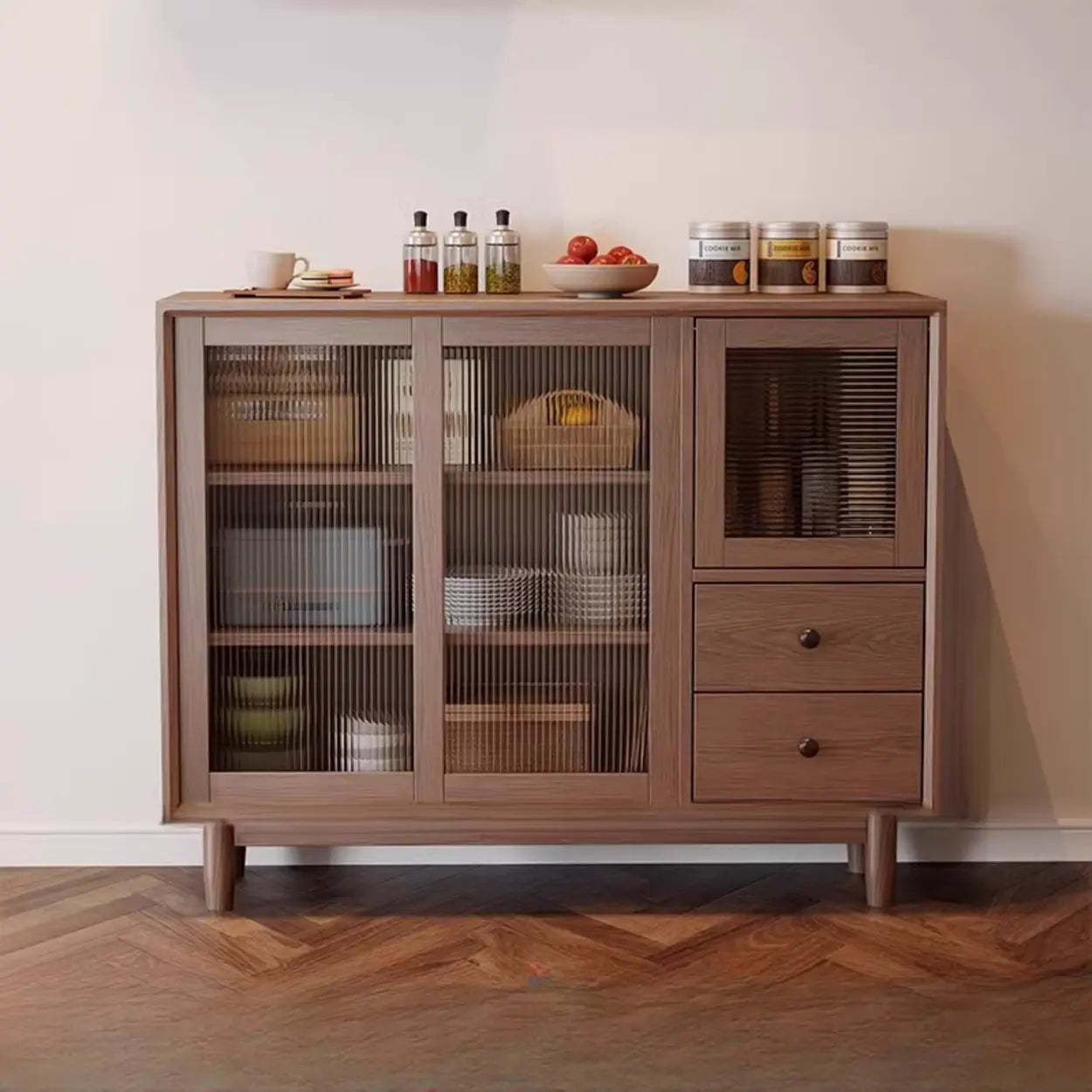 Sleek Walnut Wood Clear Door Sideboard — Walnut