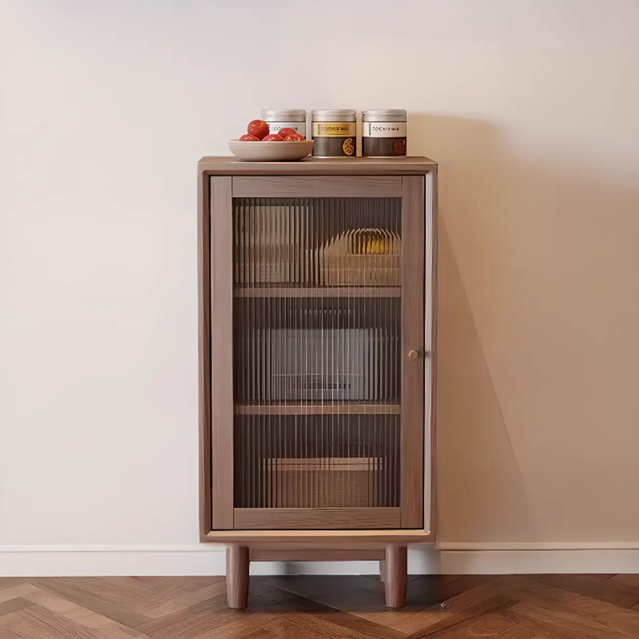 Sleek Walnut Wood Clear Door Sideboard — Natural Finish