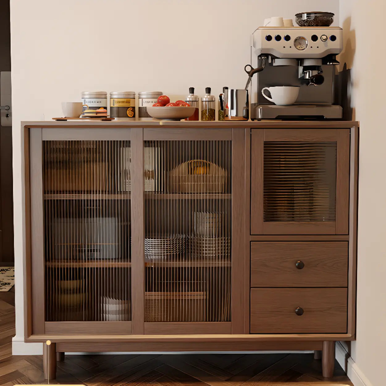 Sleek Walnut Wood Clear Door Sideboard — Natural Finish