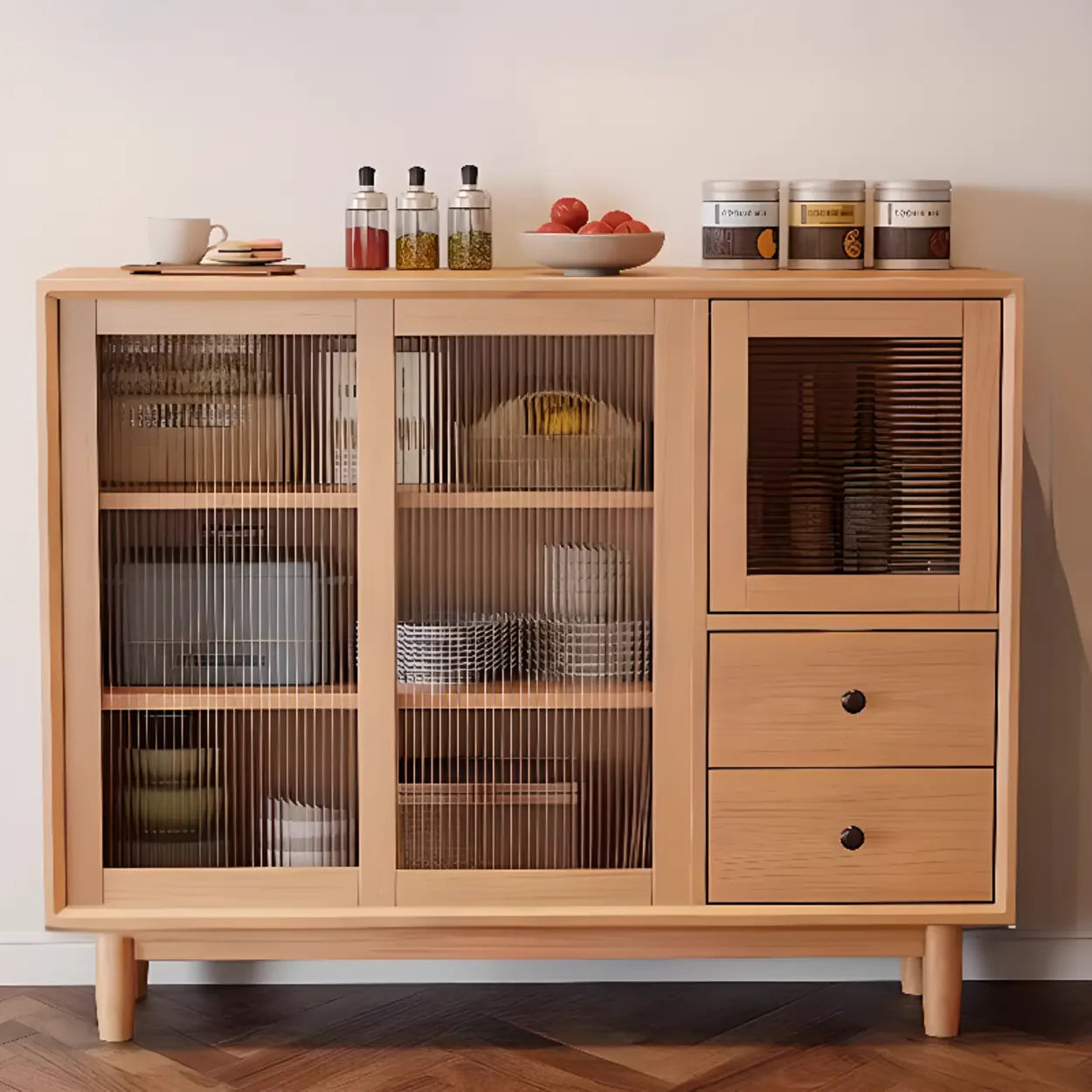 Sleek Walnut Wood Clear Door Sideboard — Natural Finish