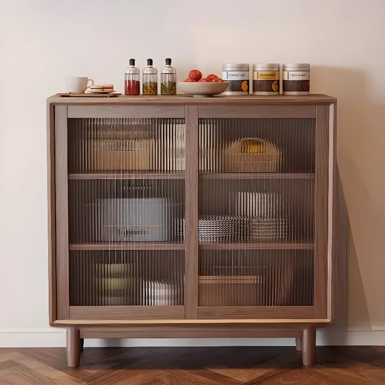 Sleek Walnut Wood Clear Door Sideboard — Natural Finish