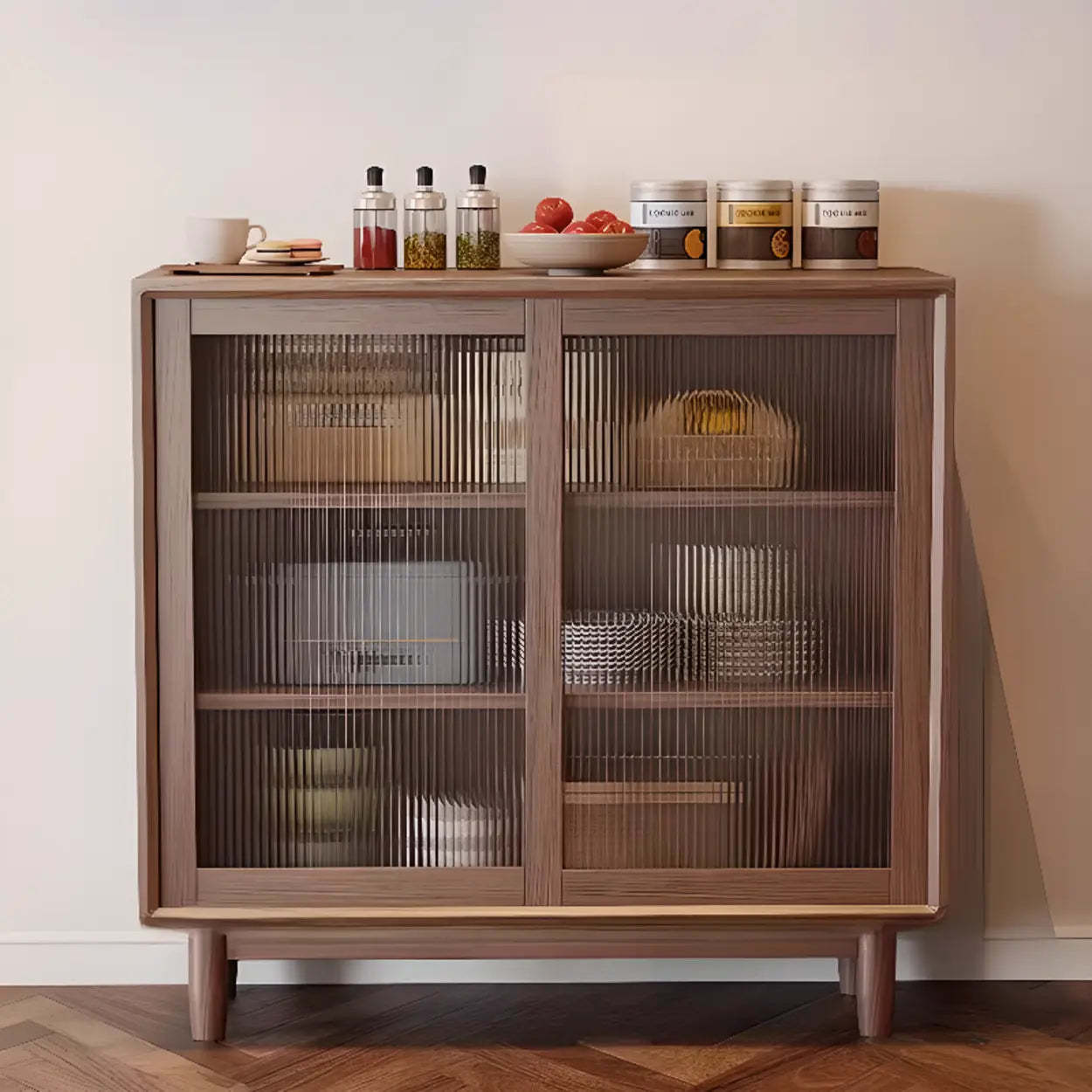 Sleek Walnut Wood Clear Door Sideboard — Natural Finish