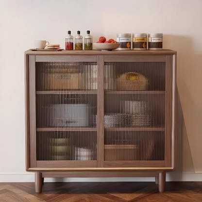 Sleek Walnut Wood Clear Door Sideboard — Natural Finish