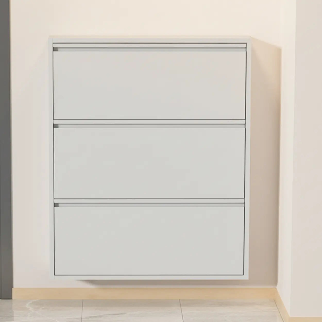 Slim Wall-Mounted Drop-Front Shoe Cabinet — Greyish-white