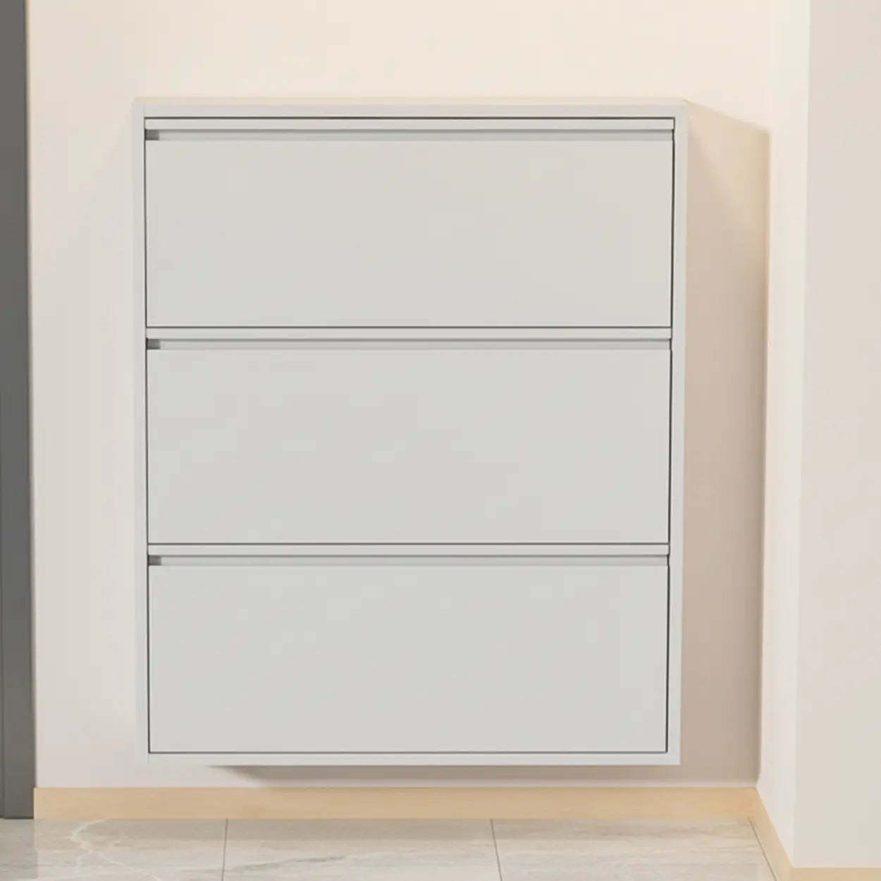 Slim Wall-Mounted Drop-Front Shoe Cabinet — Greyish-white