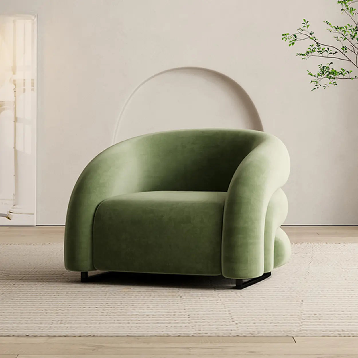Sloped-Arm Fixed-Back Wood Sled Accent Chair — Green / Frosted Velvet Fabric