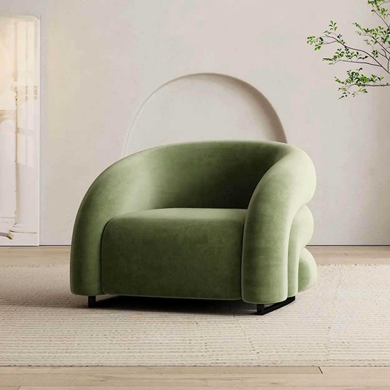 Sloped-Arm Fixed-Back Wood Sled Accent Chair — Green / Frosted Velvet Fabric