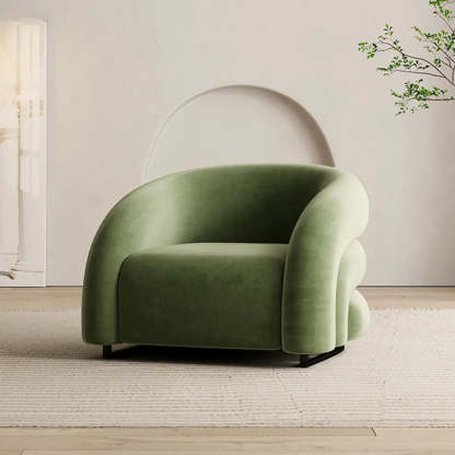 Sloped-Arm Fixed-Back Wood Sled Accent Chair — Green / Frosted Velvet Fabric