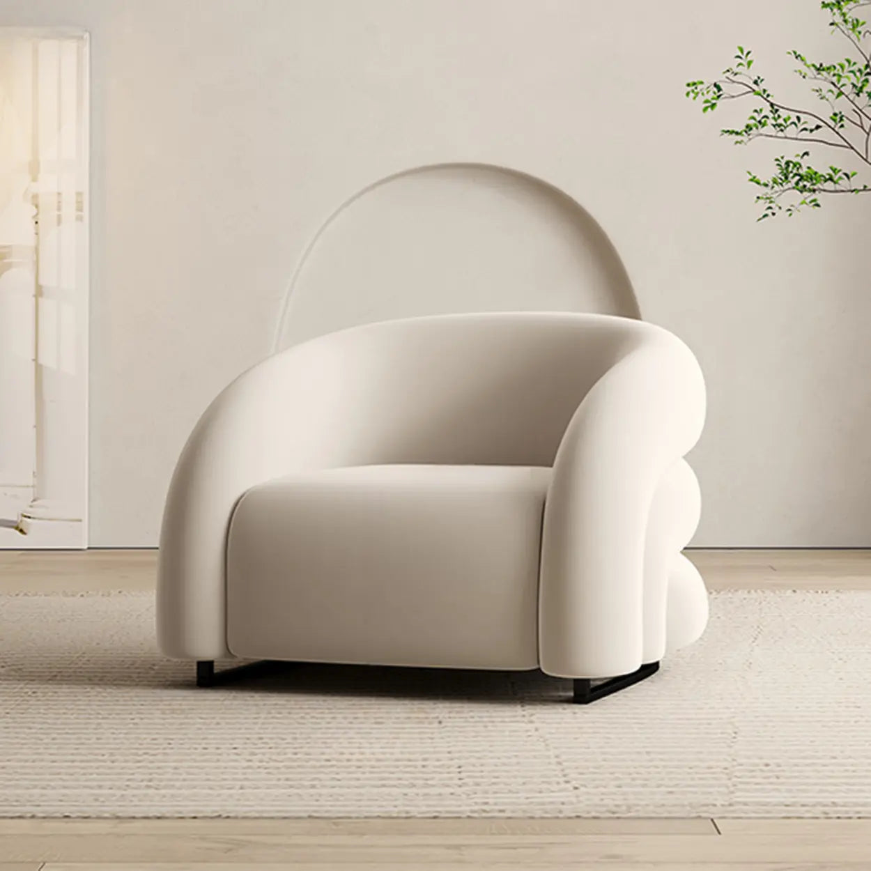 Sloped-Arm Fixed-Back Wood Sled Accent Chair — Off-White / Frosted Velvet Fabric