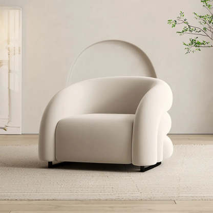 Sloped-Arm Fixed-Back Wood Sled Accent Chair — Off-White / Frosted Velvet Fabric