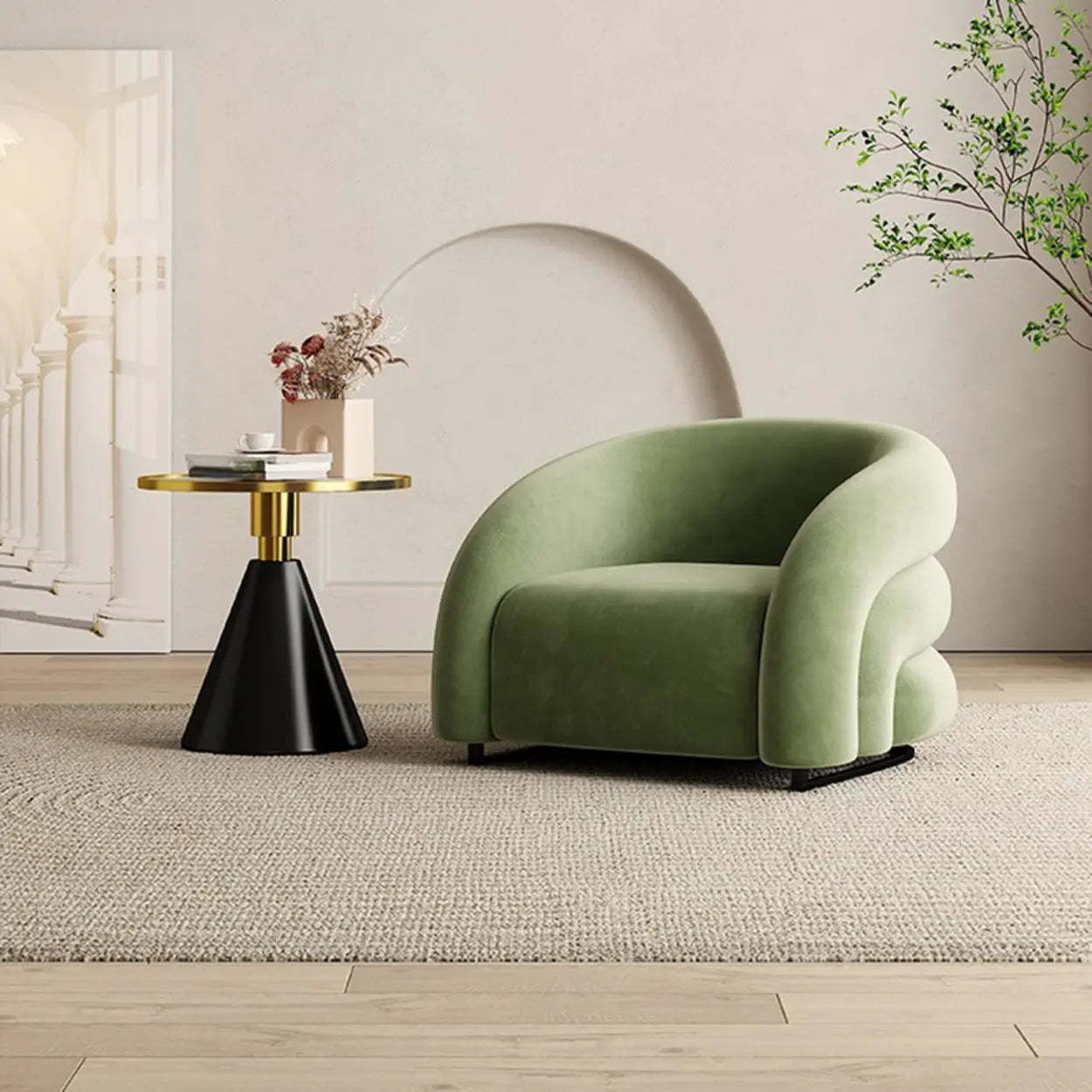 Sloped-Arm Fixed-Back Wood Sled Accent Chair — Pink / Frosted Velvet Fabric