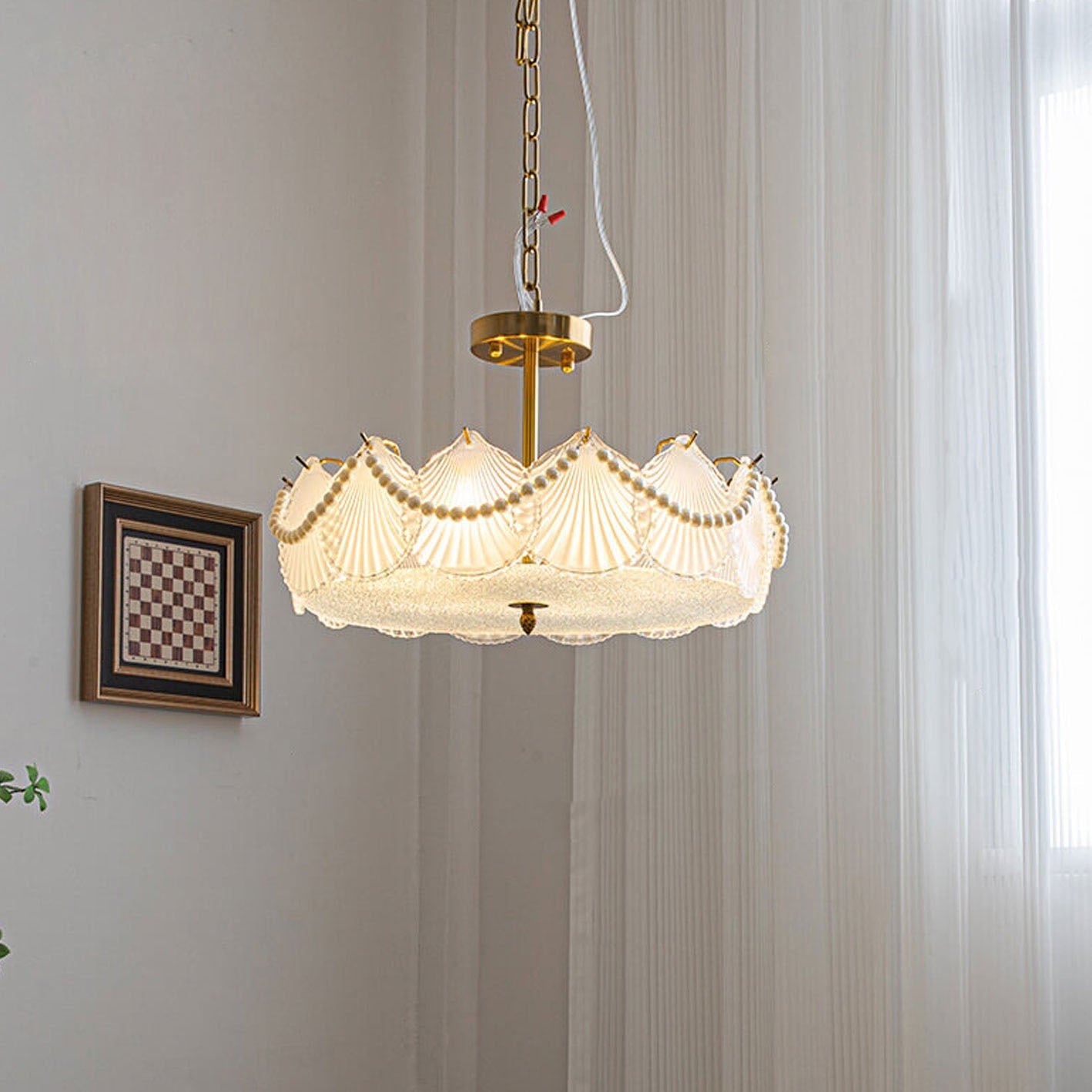 French Seashell Glass Pearl Round Chandelier