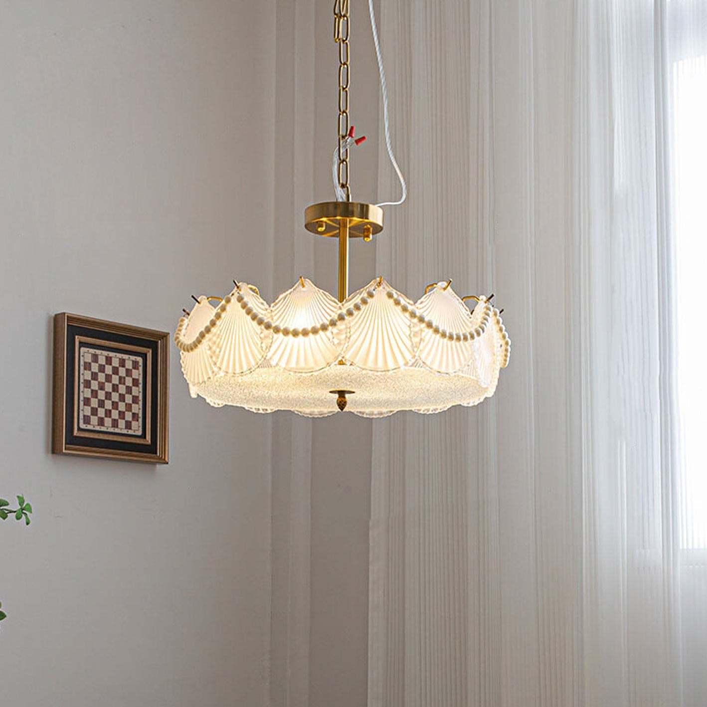 French Seashell Glass Pearl Round Chandelier
