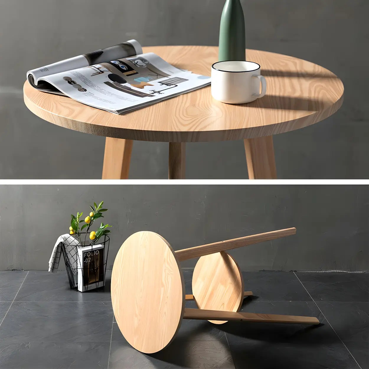 Small Natural Round Wood Bar Table with Storage