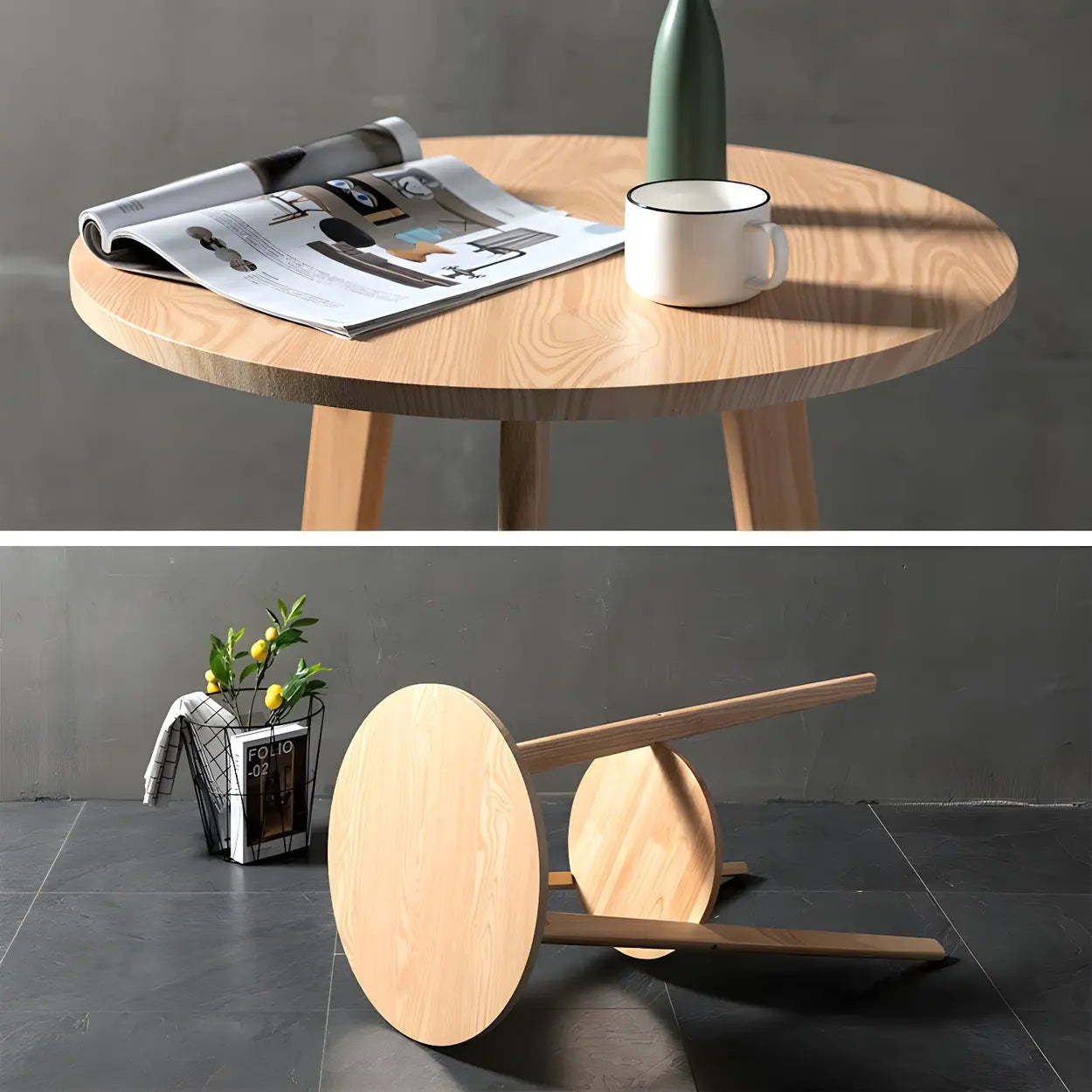 Small Natural Round Wood Bar Table with Storage