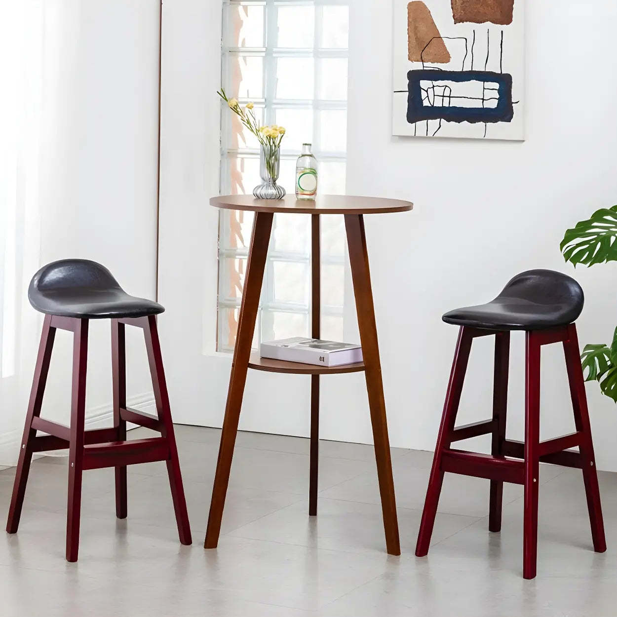 Small Natural Round Wood Bar Table with Storage