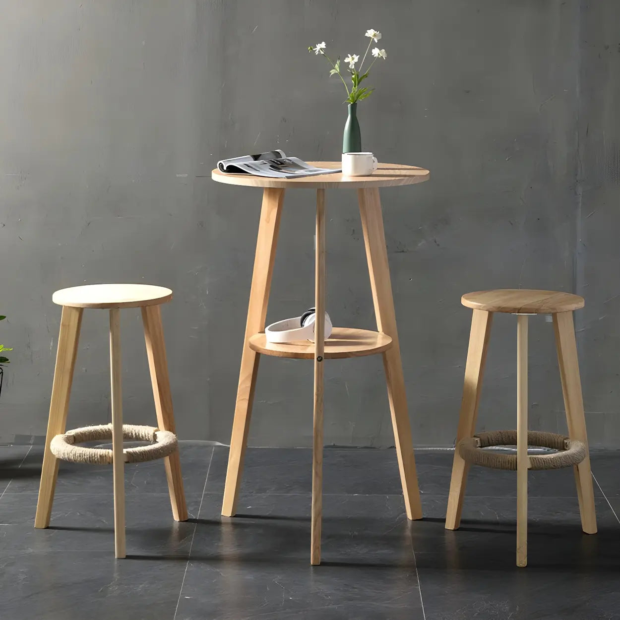 Small Natural Round Wood Bar Table with Storage — Natural / Table Only