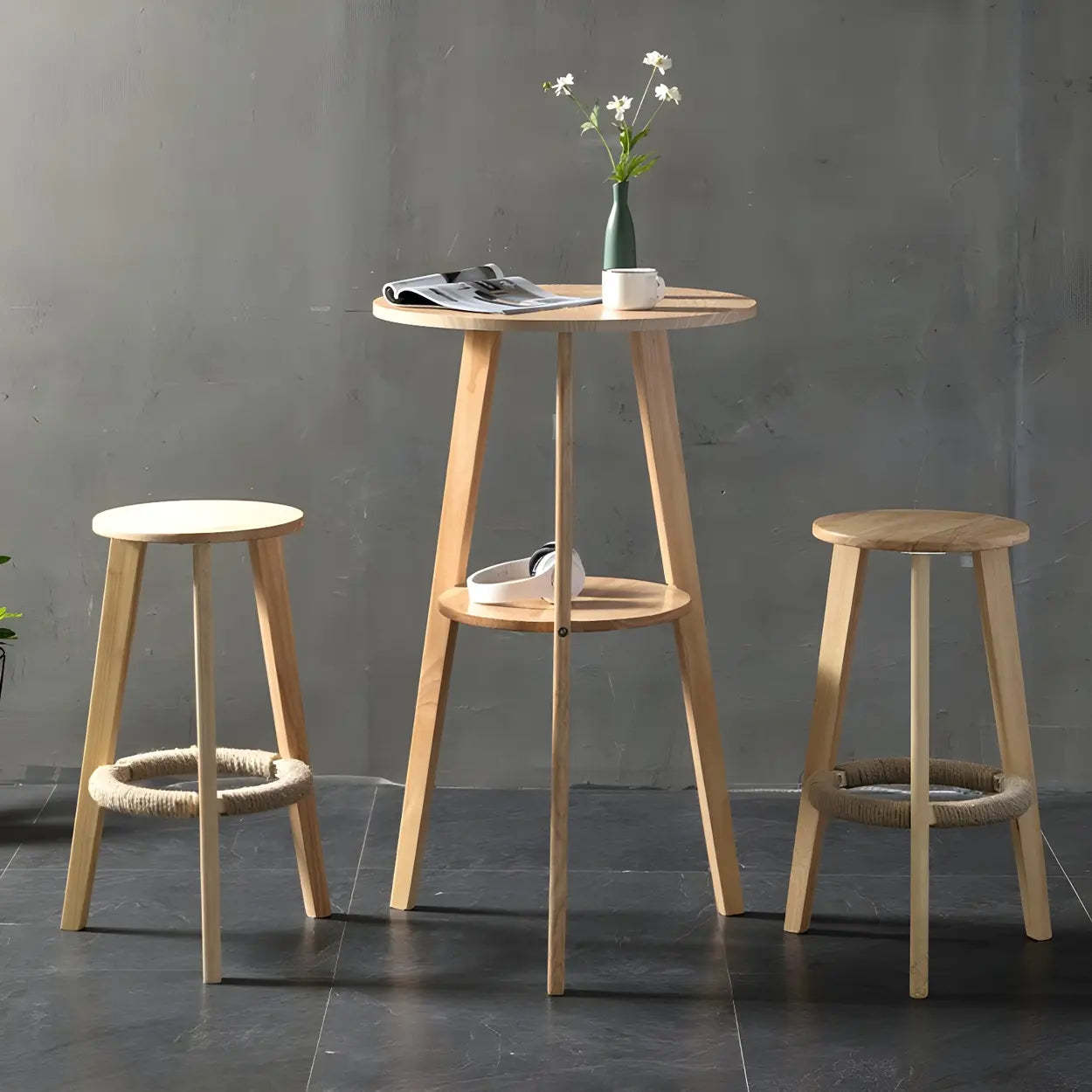 Small Natural Round Wood Bar Table with Storage — Natural / Table Only