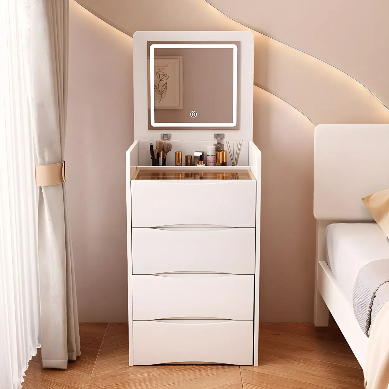Small White Glass-Top Wood Vanity