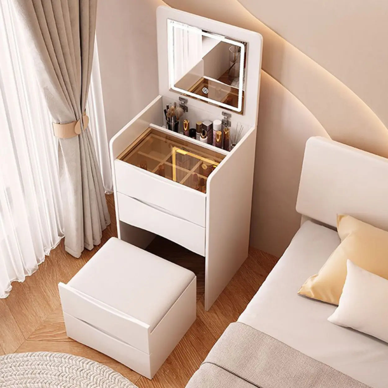 Small White Glass-Top Wood Vanity — Makeup Vanity & Stools / White / Lightless Mirror