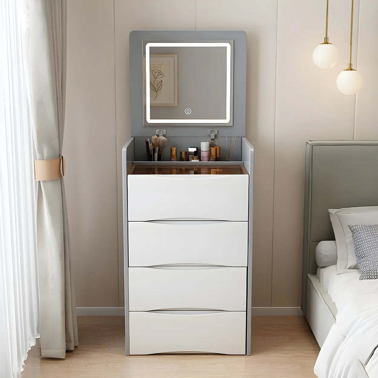 Small White Glass-Top Wood Vanity — Makeup Vanity & Stools / Grey / Lightless Mirror